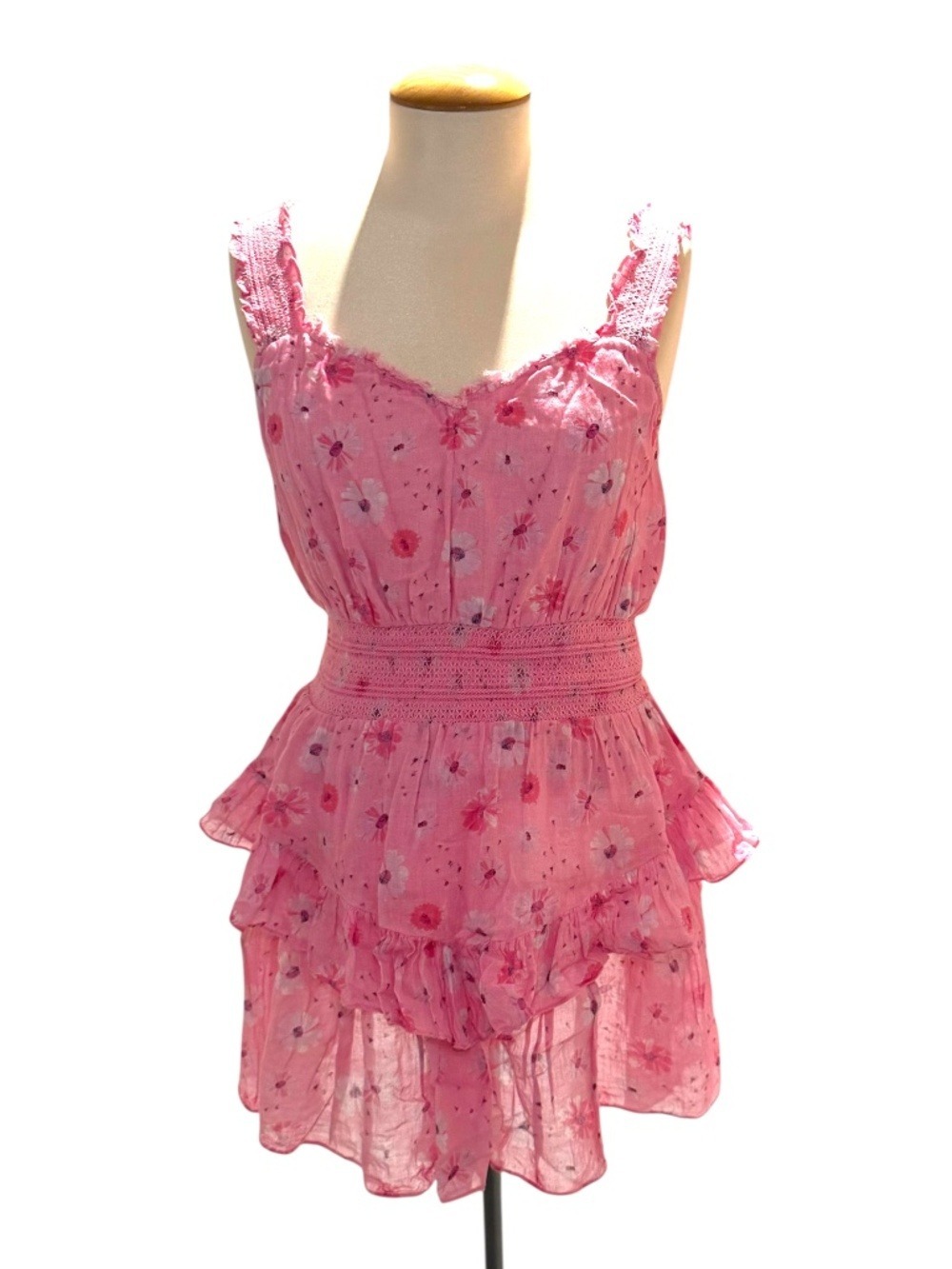 LOVESHACKFANCY pink floral tiered lightweight dress - size small
